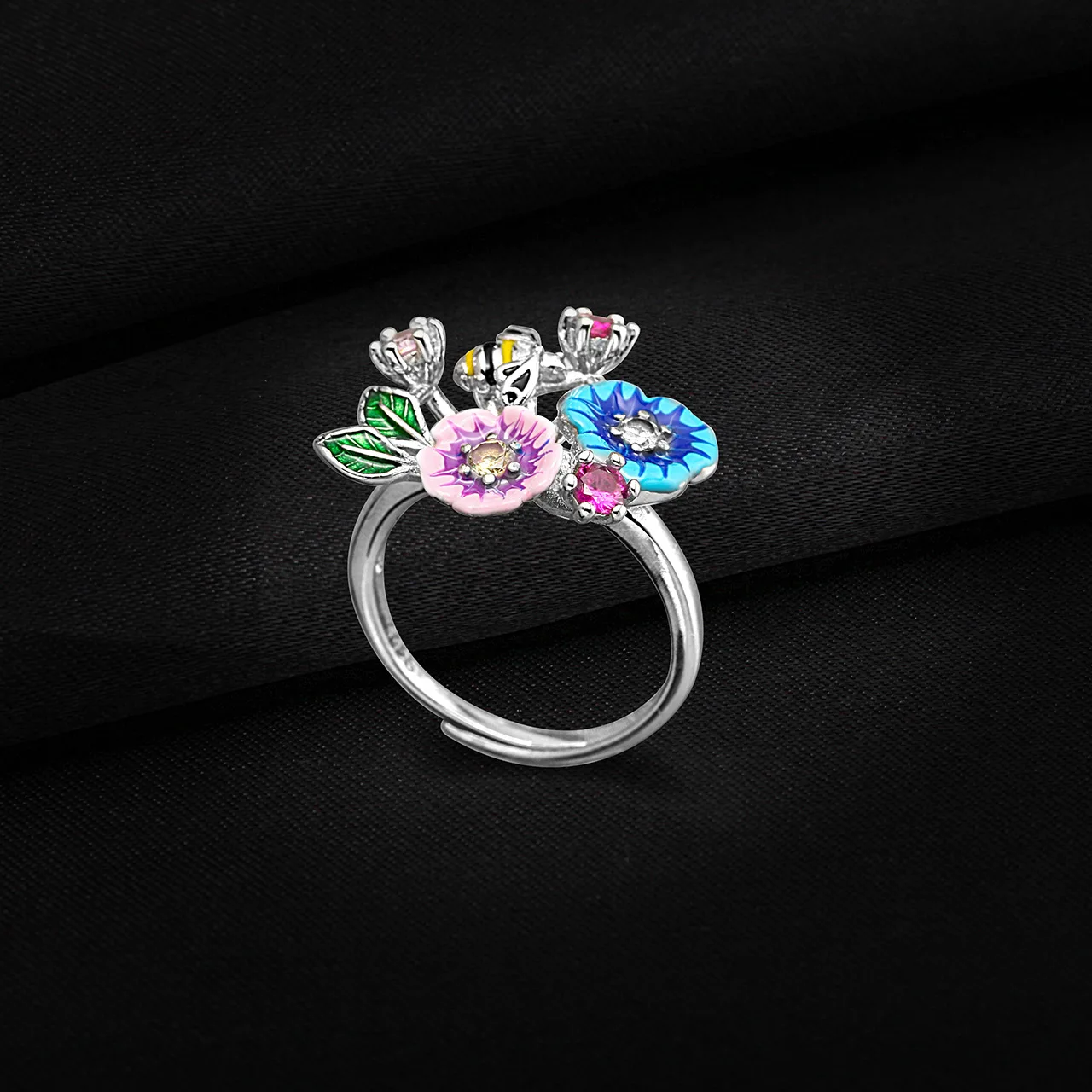

Light Luxury S925 Sterling Silver Index Finger Rings Female Hip-Hop Niche Design Creative Bee and Fower Ring for Woman