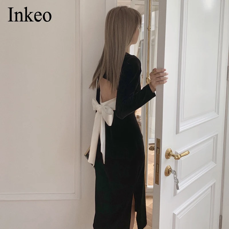 

French Style Women Sexy Midi dress 2021 Spring Black Hollow out Bow Slim Dress Long sleeve Female Velvet dresses New YNZZU 1D016