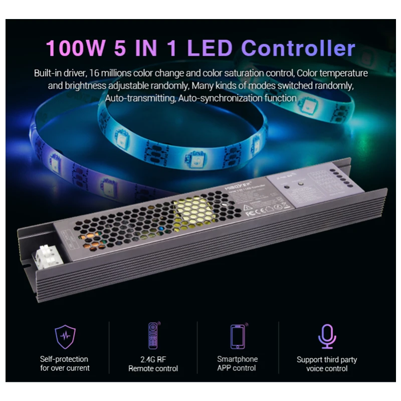 

MiBoxer 100W 5 in 1 LED Controller PX1 2.4G RF APP Alexa Voice Control Built-in Driver Controller for DC24V LED Strip Light