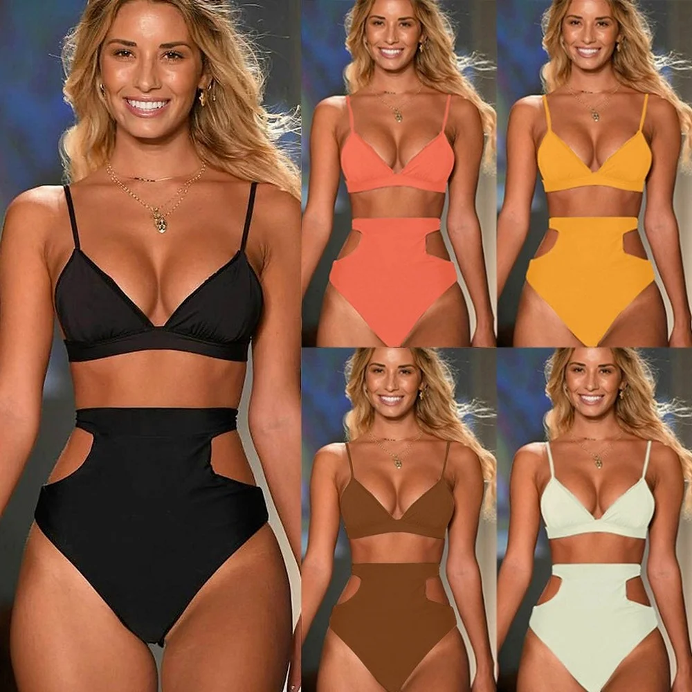2021 Hot new bikini swimsuit split high-waisted swimwear women's European and American swimsuit bikini bikini solid color