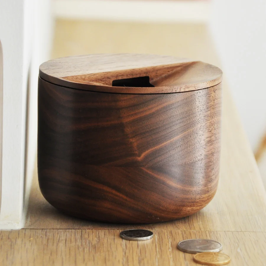 

Japan Style Wooden Coins Storage Box with Lid Creative Piggy Bank Eco Natural Bla Walnut Desk Organizer Porch Storage Box