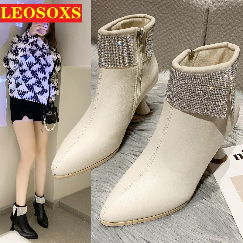 

Martin Boots Female Fine Heel 2021 New Autumn Winter Niche Feeling Rhinestone High-heeled Shoes Versatile Pointy Thin Boots