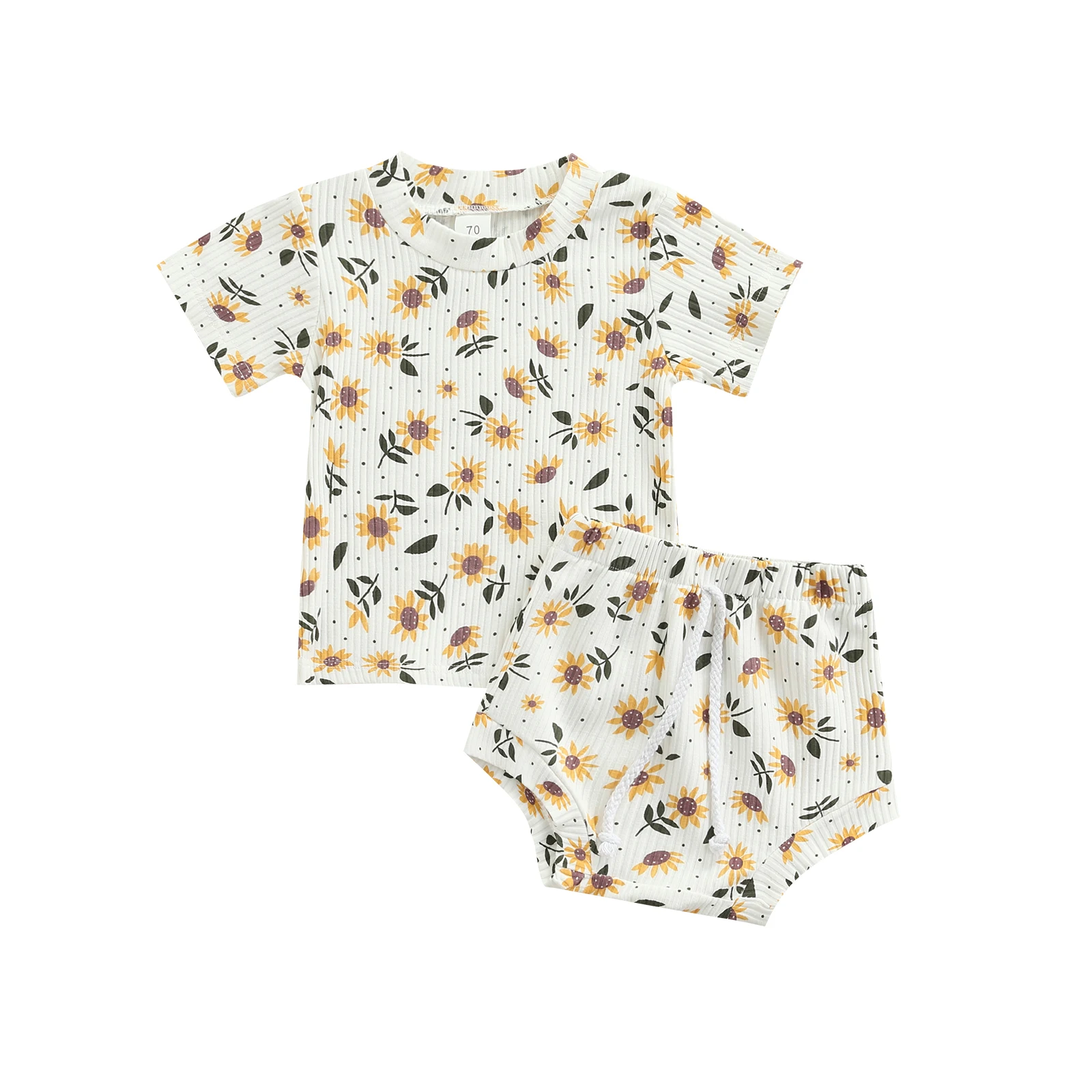 

Toddler Baby Clothing 2Pcs Summer Cotton Outfits Short Sleeve Sunflower Print Rib Knit T-Shirts Drawstring Shorts Casual Set