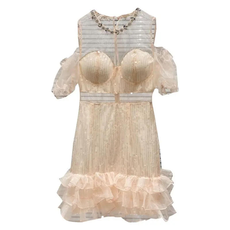 

Women's Puff Sleeve Casual Dress 2021 Summer Fashionable Rhinestone Sequined Dress Elegant Lady Mesh Short Pink Dress