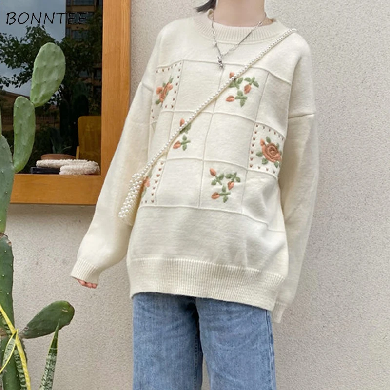 

Pullovers Women Loose O-neck Full Sleeve Floral Printed Knitting Spring Sweaters Sweet Lovely Fresh Korean Preppy Style Hot Tops