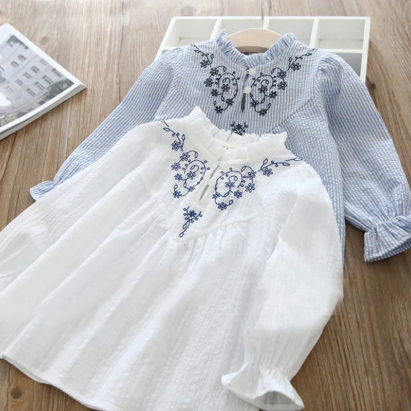 

New Baby Girls Embroidered Shirt Kids Girl Cotton Blouses Long sleeves o-neck Stripe Girls Shirts Children