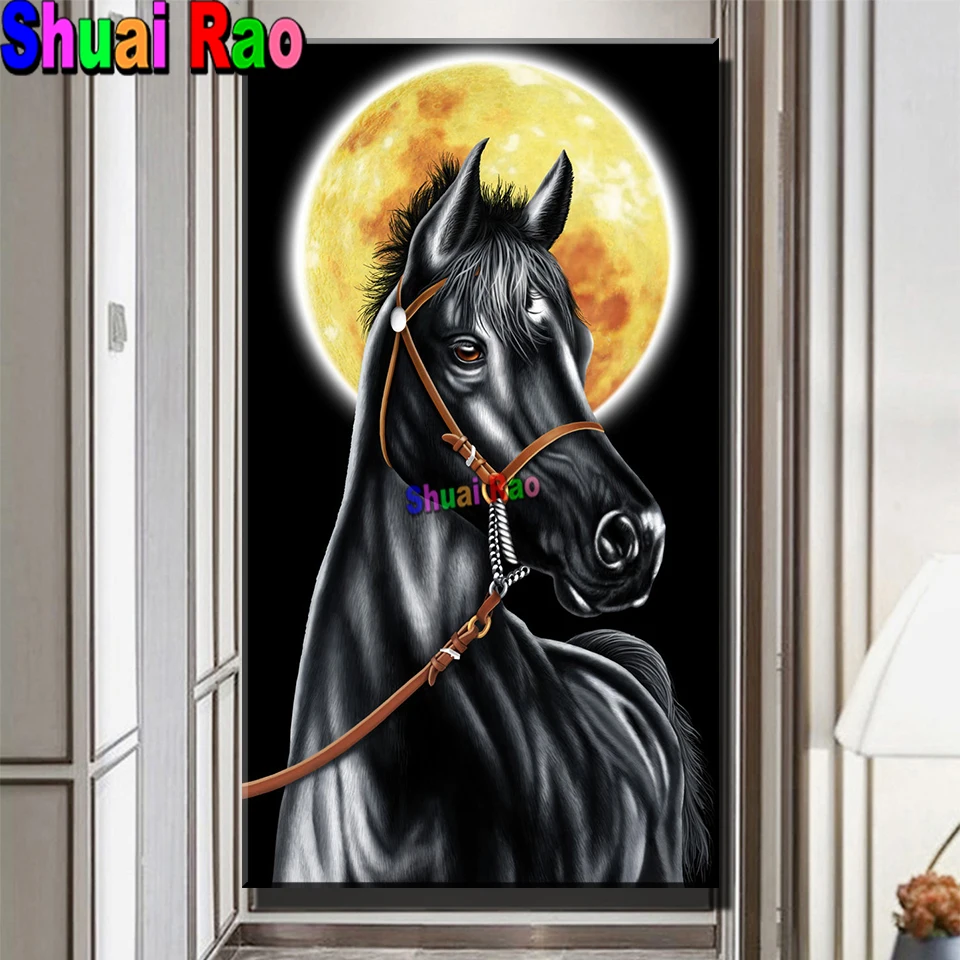 

Алмазная 5d картина «Черная лошадь и Луна», картина из квадратных/круглых страз, для творчества, украшение для дома