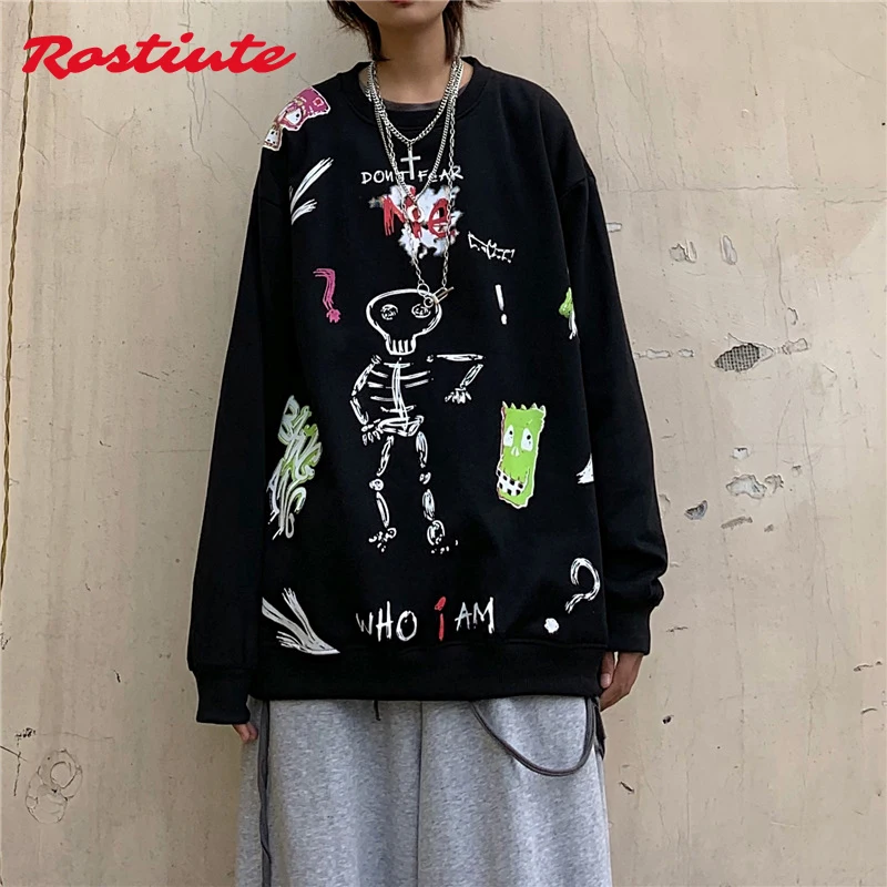 

Rostiute2021 winter new street hip-hop Men Women pullover jump di graffiti fun printing fashion loose plus velvet sweater