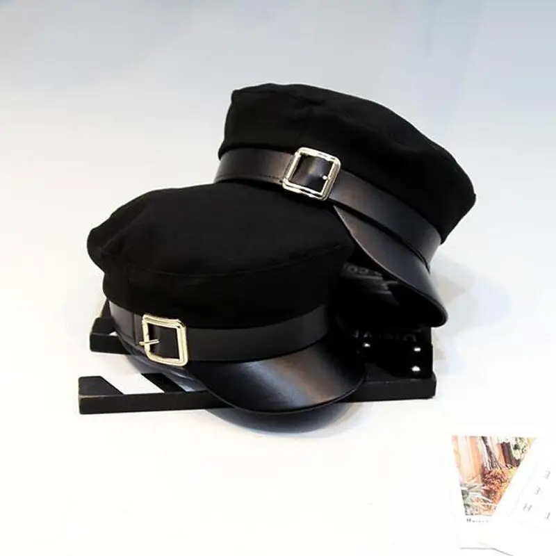

Women Black Military Hats Autumn Winter Fashion Wool Pu Leather Patchwork Newsboy Caps With Belt Female Gorras