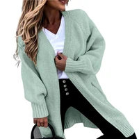 fashion sweater cardigan solid color two pockets women cardigan autumn winter mid length open front sweater cardigan outerwear