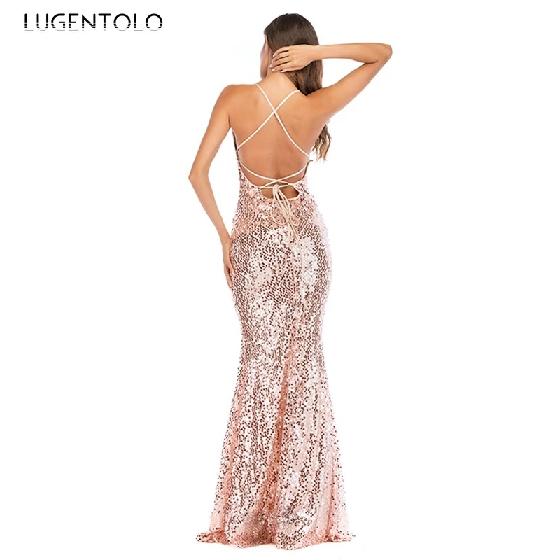 

Lugentolo Party Women Elegant Dress New Sequined Sexy Deep V-neck Halter Backless Dress Solid Lady Dinner Maxi Dresses
