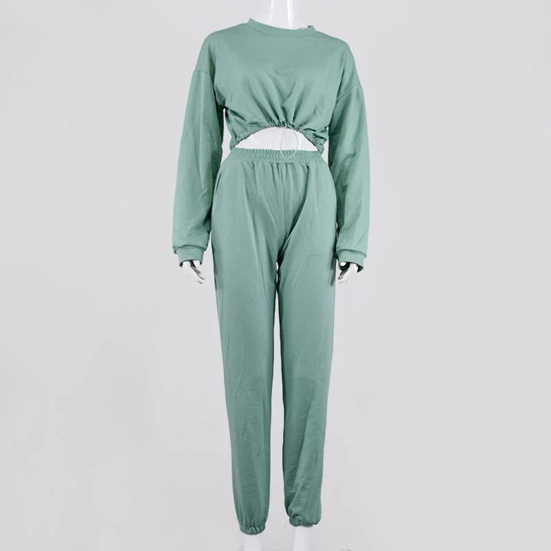

Solid Tracksuit Women Two Piece Set Spring Autumn Tracksuits O-Neck Long Sleeve Crop Top And Pants Sportswear Suit Jogging Femme