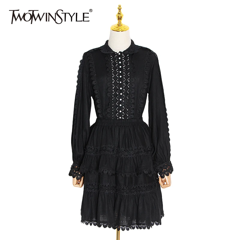 

TWOTWINSTYLE Casual Women's Two Piece Set O Neck Lantern Sleeve Hollow Out Top High Waist Lace Sets Female 2021 Spring Clothing