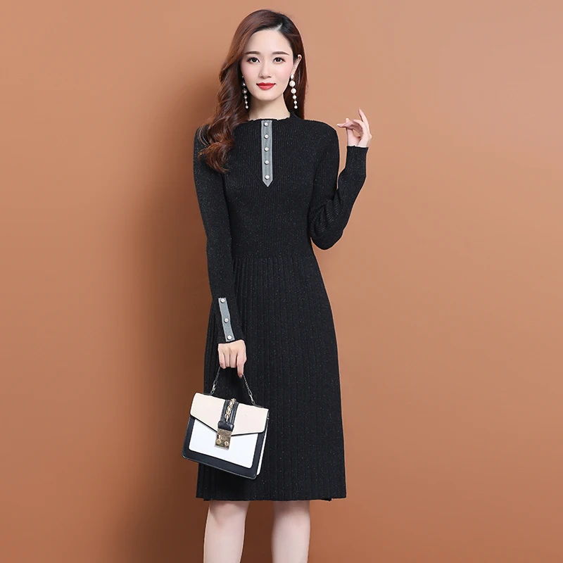 Женское трикотажное платье свитер эластичное с длинным рукавом и высоким