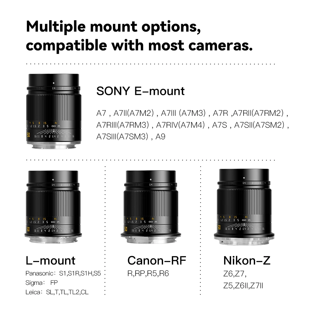 Полнокадровый объектив TTArtisan 50 мм F1.4 ASPH для камеры Sony E Canon RF Nikon Z Sigma Lumix Leica с