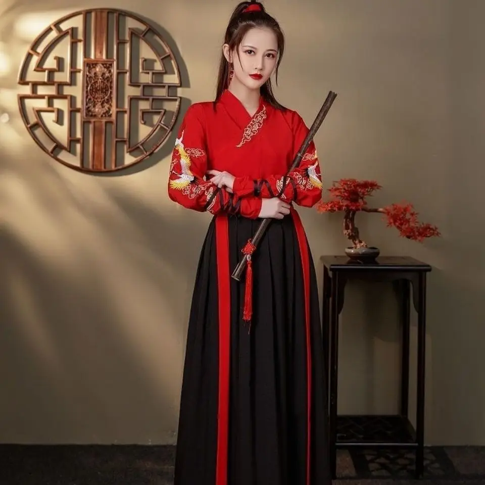 

2021 martial arts style Hanfu female Chinese style cross collar waist underskirt crane embroidery male student class clothes cou