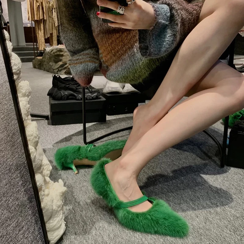 

Womens Real Mink Fur Green Furry Stilettos Kitten Heels Sexy Pointy Toe Pumps Party Christmas Gift Shoes Nightclub New 2021
