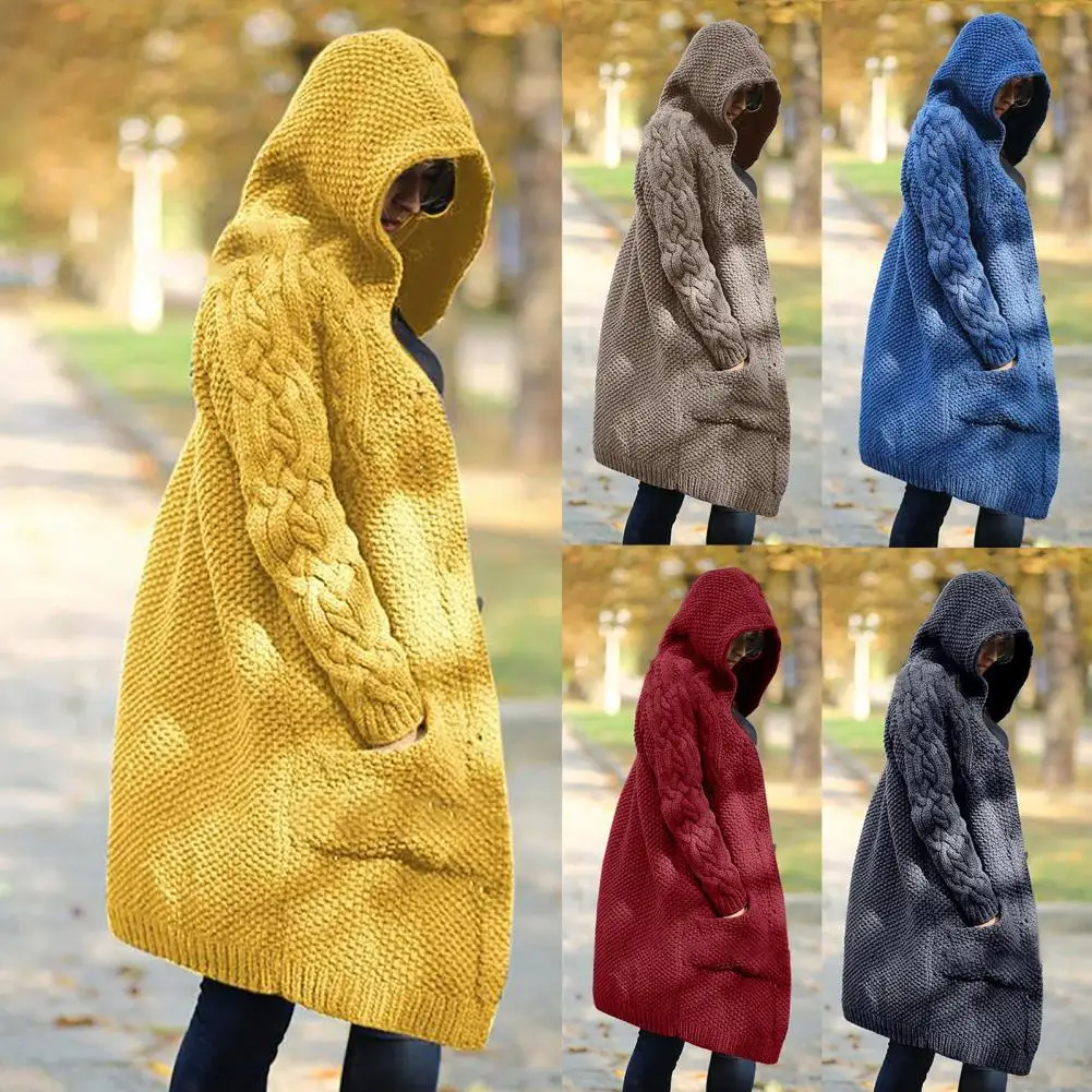 

Women Cardigan 2021 Autumn Winter Solid Color Long Sleeve Cardigan Hooded Pockets Loose Button Casual Knitted Sweater Outerwear