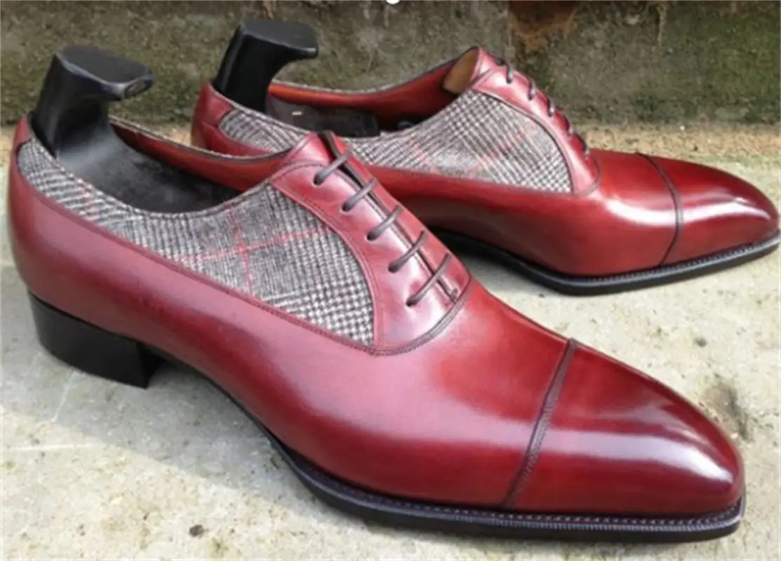 

Men's Leather Shoes Spring And Autumn Lace Up Color Matching Lattice Single Shoes Men's Shoes Breathable Fashion Youth