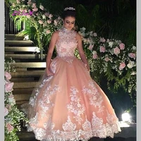 sweet 16 year lace champagne quinceanera dresses 2021 vestido debutante 15 anos ball gown high neck sheer prom dress for party