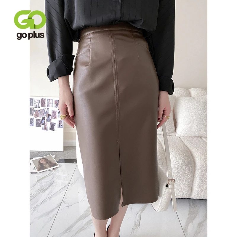 

GOPLUS Skirt Korean Fashion A-line Long Skirts Women 2021 Vintage Pu Leather High Waisted Split Skirt Jupe Longue Femme C11803