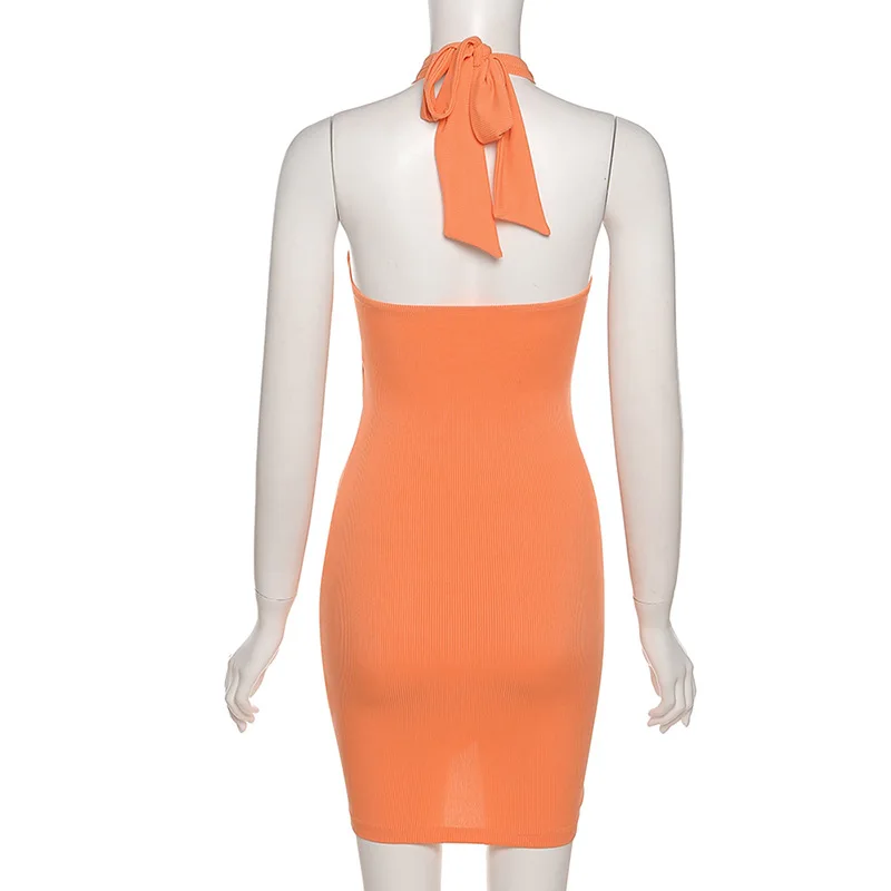 

2021 New Arrivals Summer Fashion Halter Slash Neck Orange Solid Backless Bodycon Sexy Night Club Women Prom Dress