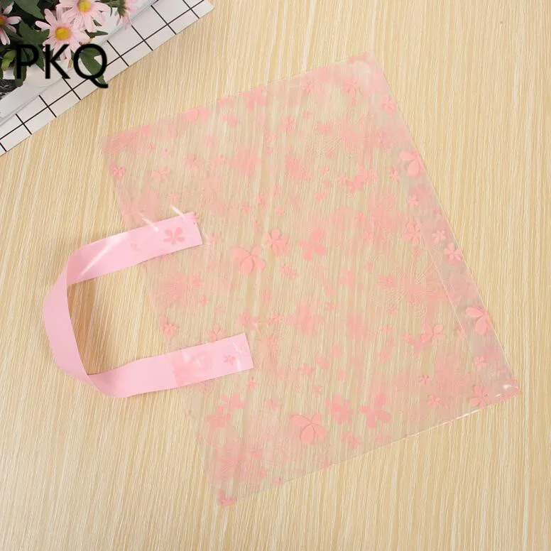

50pcs/lot Large Plastic Shopping Bag Transparent Flower Printed Gift Bag With Handle Clothes Shoes Jewelry Packaging Bags