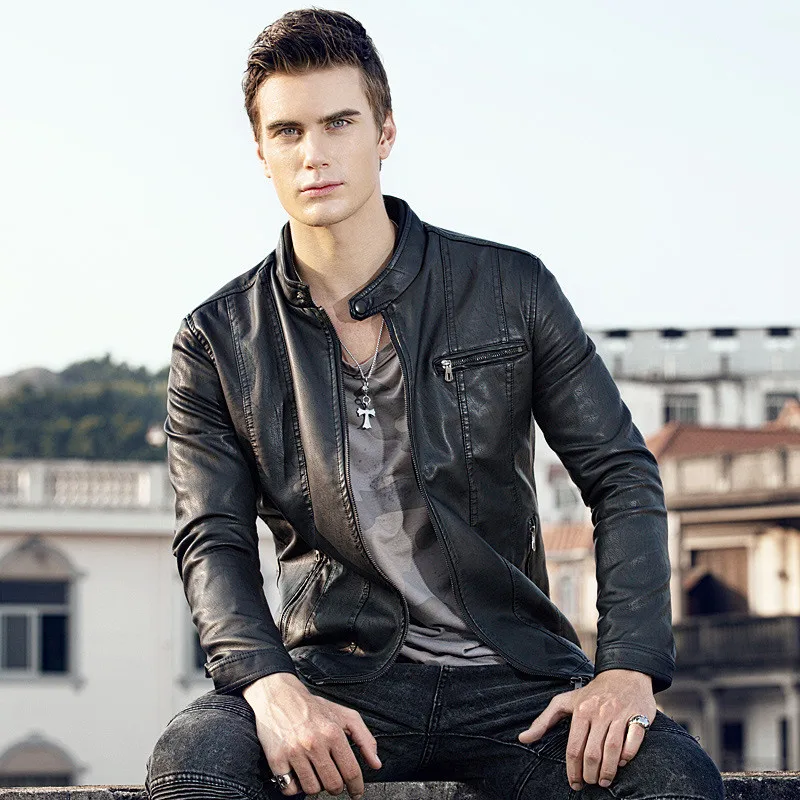 Мужская кожаная куртка со стоячим воротником однотонная с длинным рукавом осень