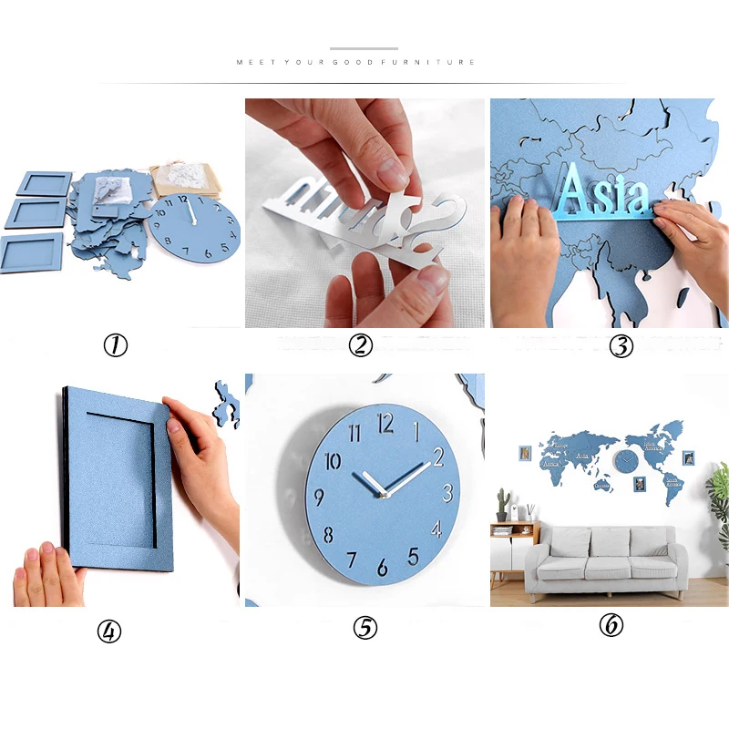 Настенные часы 3D фоторамка мировые часы-карта большие деревянные из ДВП