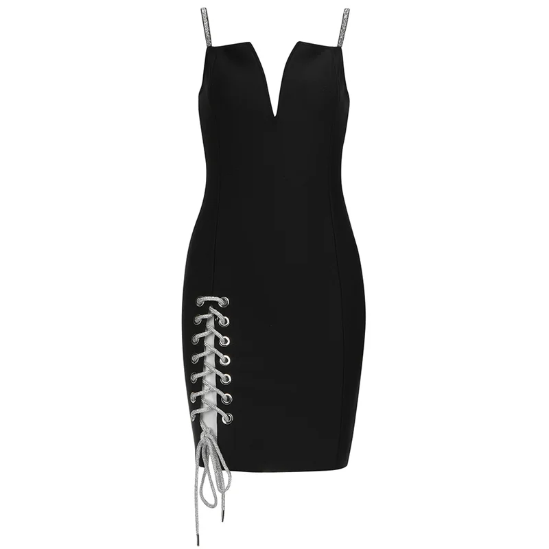 

UKCNSEP Bandage Dress 2021 New Sexy Black V Neck Spaghtti Strap Bodycon Elegant Eyelets Lace Up Women Summer Party Dress