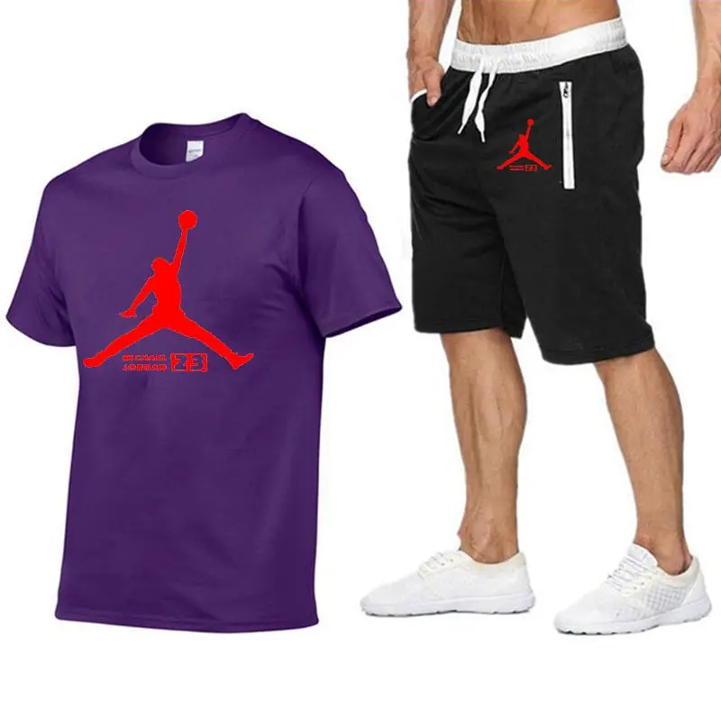 JORDAN 23 спортивный костюм с принтом футболка+ шорты модные тенденции в Фитнес хлопок брендовые футболки для мужчин бодибилдинг одежда M-XXL - Цвет: purple