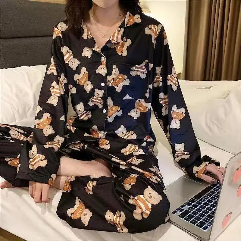 Ice Silk Pajamas Women Spring and Summer Long-sleeved Korean Cute Suit Sexy Plus Size Loose Home Service Women Pajama Set