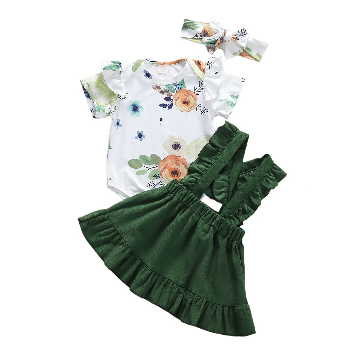 

3PCS Baby Summer Floral Clothes Set Newborn Infant Baby Girls Floral Bodysuits Jumpsuit+Overall Skirts+Headband Sweet Outfits