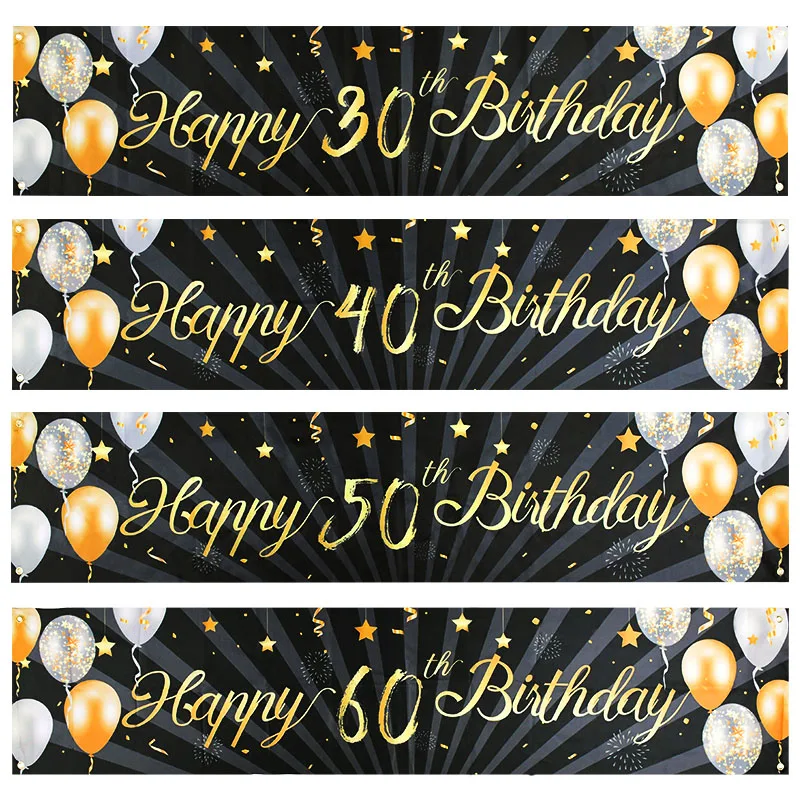 

Black Gold Happy Birthday Banner Balloon Flag Adult 30th 40th 50th 60th Birthday Party Decoration Supplies Bunting Anniversary