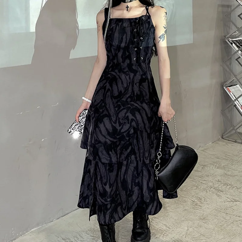 

Summer Dark Harajuku Tie-dye Split Sling Dresses for Women Korean Fashion Y2k Black Retro Mid-length Design Sense Dress Vestidos