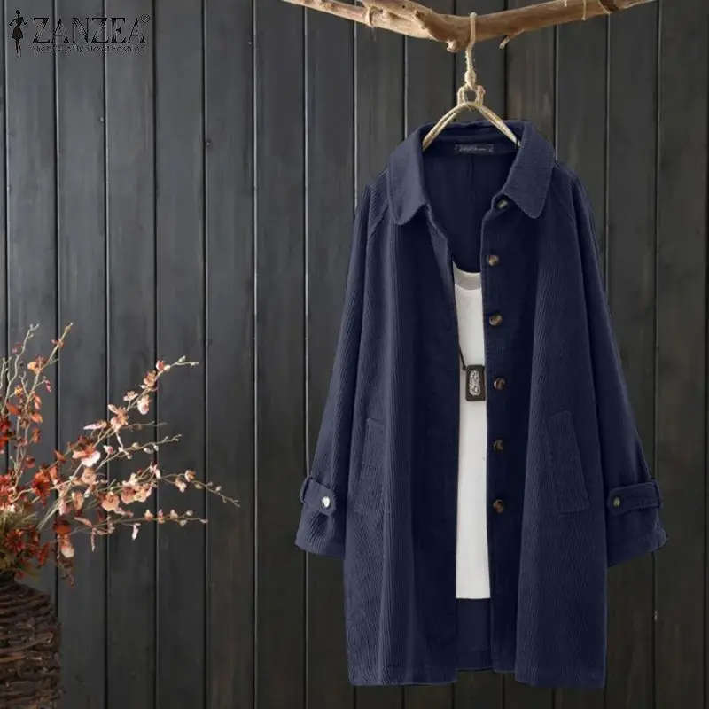 

2021 ZANZEA Women Lapel Neck Long Sleeve Corduroy Jackets Autumn Vintage Loose Outwear Buttons Shirt Solid Casual Thin Coats