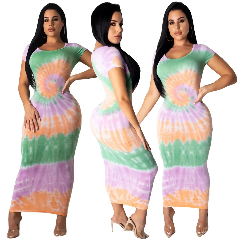 

Dresses2021 летнее новое модное сексуальное разноцветное платье-пуловер с градиентным принтом и круглым вырезом Длинная юбка