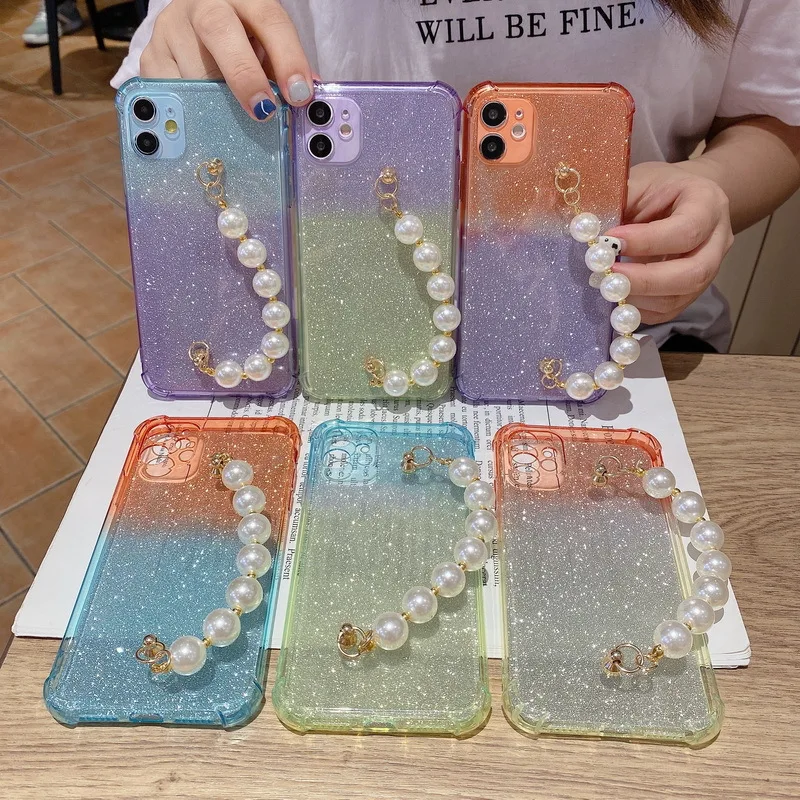 

Pearl Bracelet Gradient Mobile Phone Case For iPhone 13 Pro Max 12 Mini 11 X XS Max XR Shockproof Air Bag Protective Capa Funda