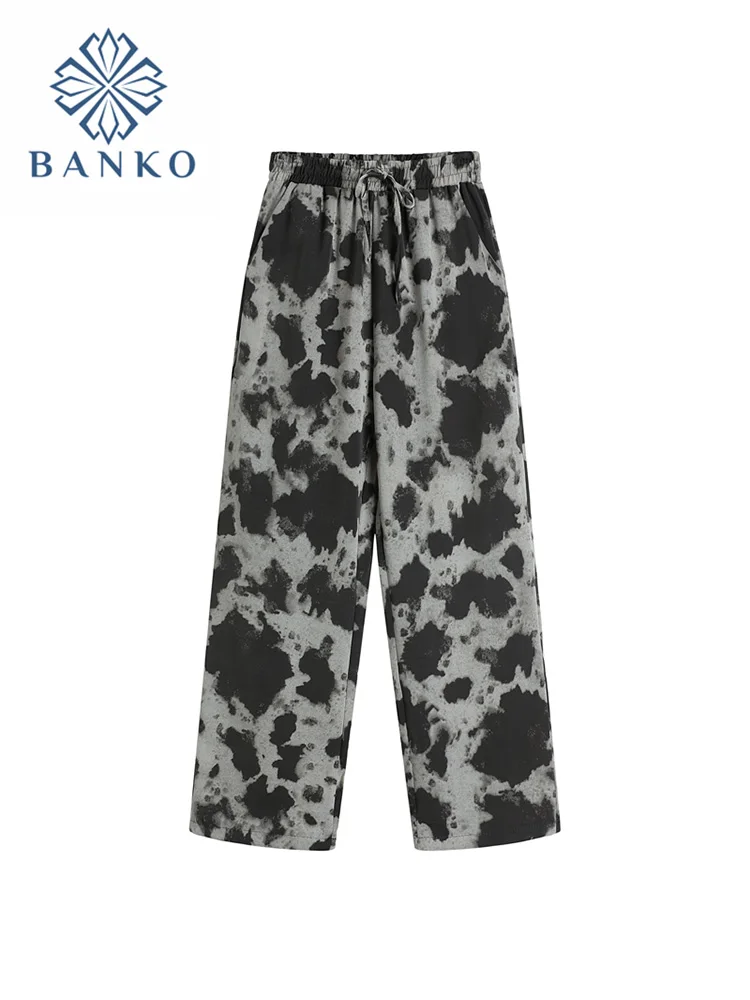 

Vintage Printed Pants Loose Pantalones De Mujer Chic Elastic Waist Lace Up Autumn Wide Leg Pants All-Match Casual Trousers Femme
