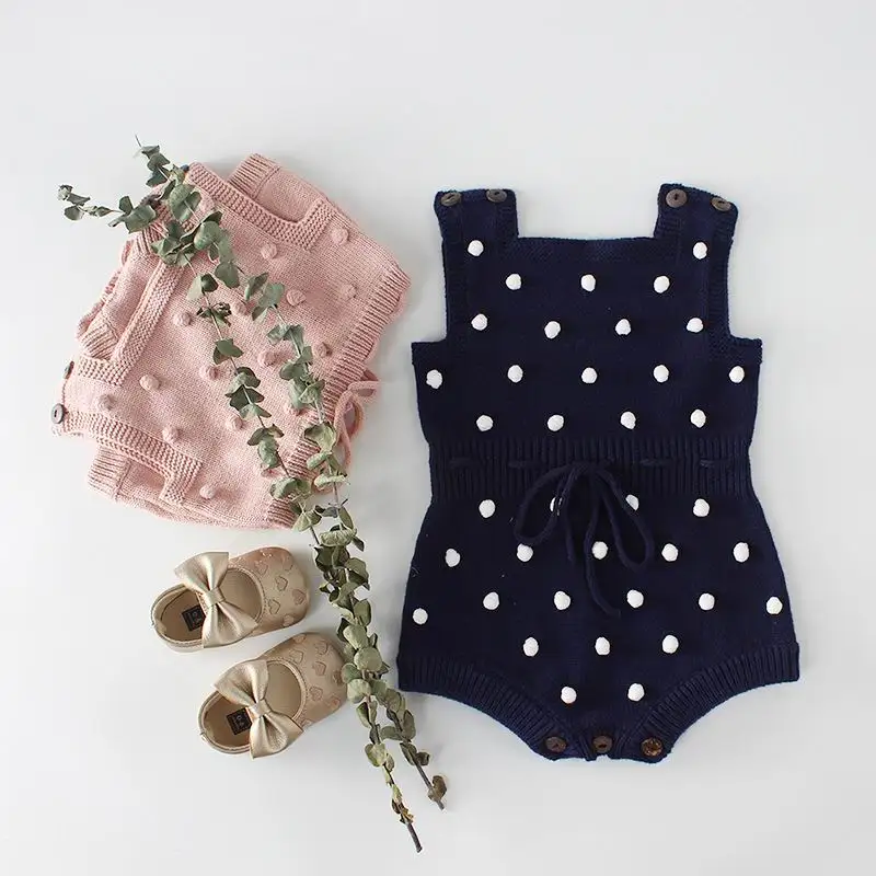 

Baby Bodysuits 2020 Autumn Newborn Pompom Polka Dot Knitted Sleeveless Romper Overalls Baby Girl Clothes 0-2Y E82037