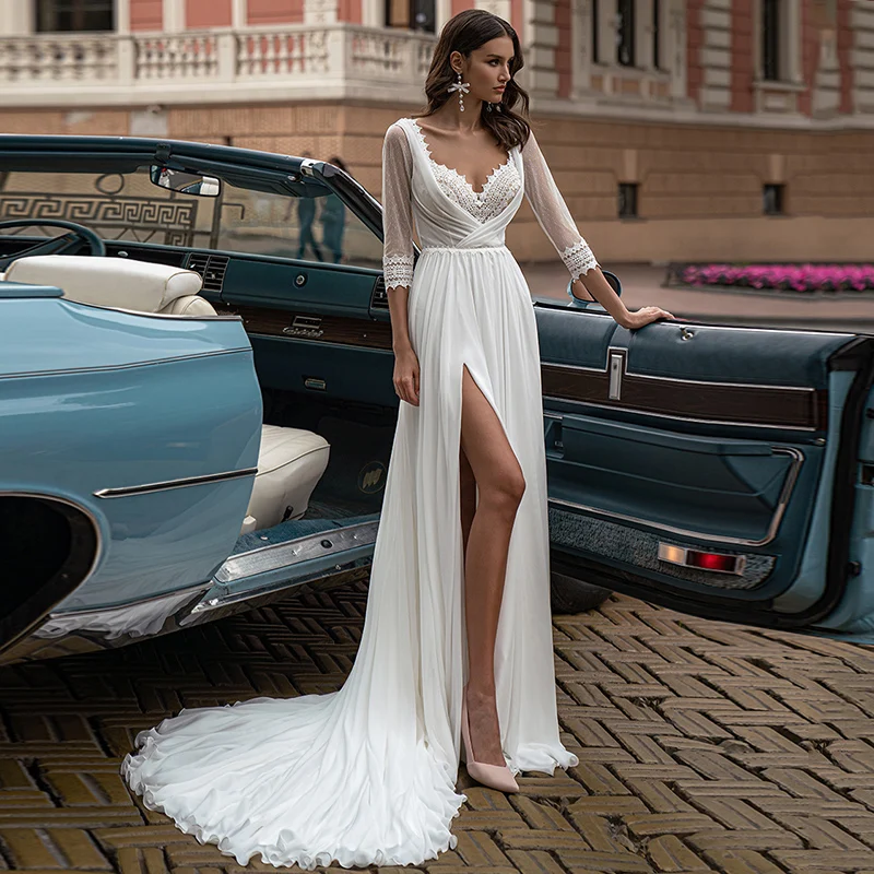 

Luxury A-Line Wedding Dresses Chiffon Lace Embroidery French Gowns 3/4 Sleeve Backless Sexy High Split Robe de mariée