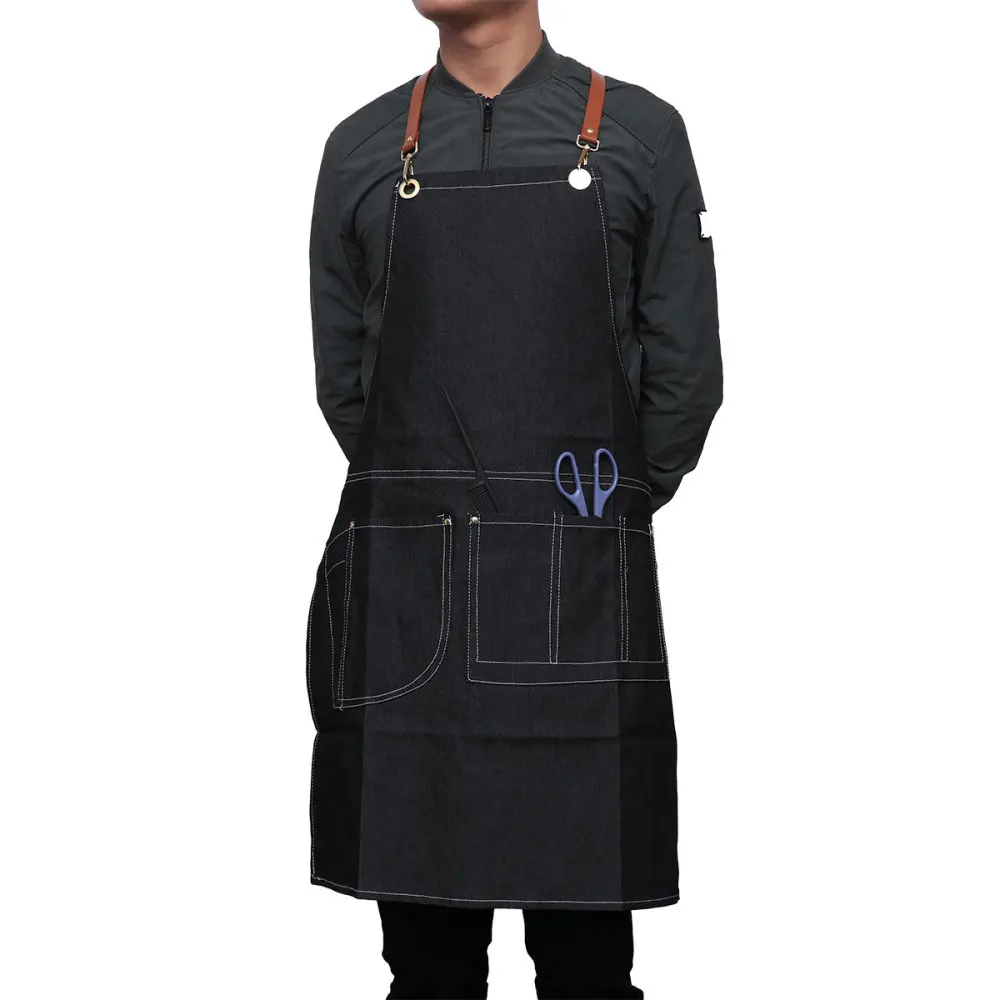 

1pc Adjustable Denim Work Apron Professional Multi-Pocket Cape for Salon Hairstylist Hairdresser Waiter (Black G Pattern)