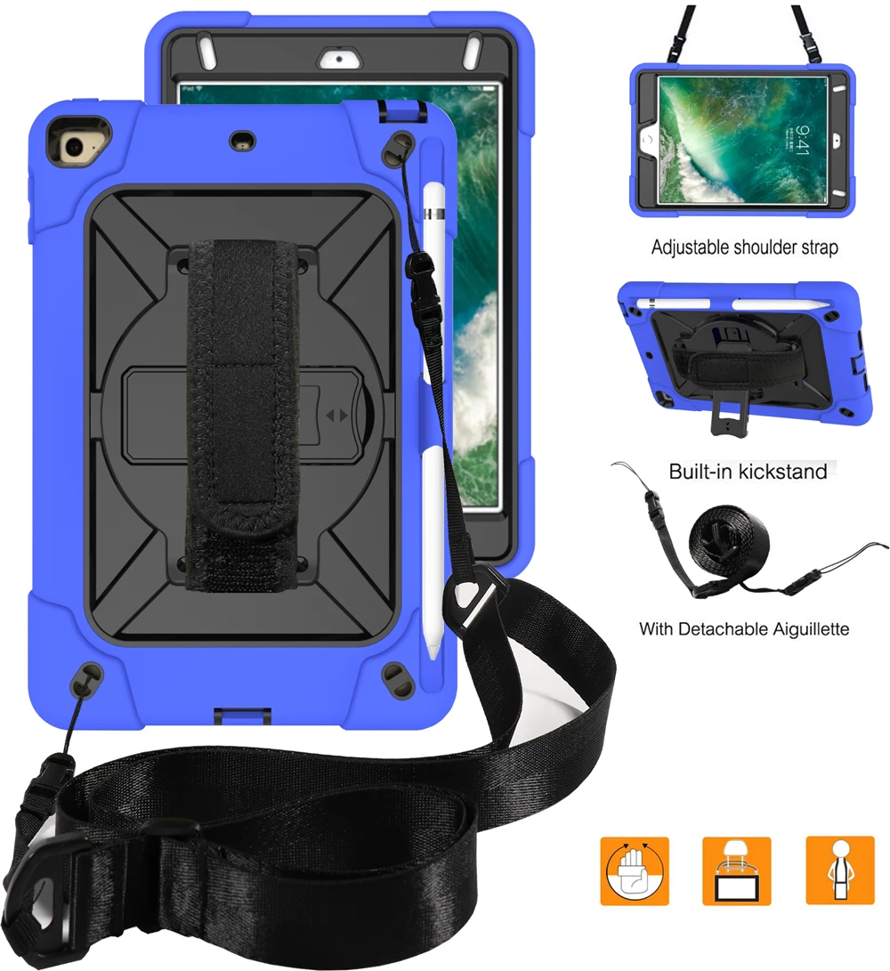 blue black Чехол для планшета для iPad Mini 5 mini 4, детская сверхмощная Защитная крышка вращающаяся подставка/ремешок на руку+ плечевой ремень - Цвет: blue black