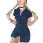 Y2K EGIRL Alt эстетичный клетчатый принт Черное мини-платье Mall Goth E-girl V-образный вырез однобортное платье с коротким рукавом ТРАПЕЦИЕВИДНОЕ Y2K Новинка