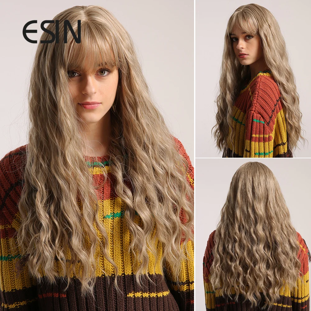 ESIN синие фиолетовые волосы омбре с челкой длинные волнистые синтетические