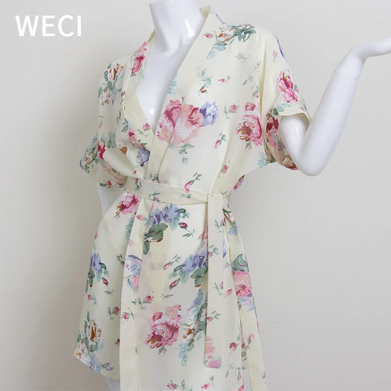 Женская летняя ночная рубашка WECI Пижама атласное кимоно шелковая пеньюар
