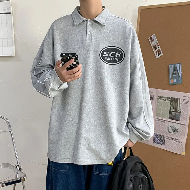 

Polo collar long sleeve T-shirt male loose INS Hong Kong fashion spring and autumn on the clothing inside the bottom shirt