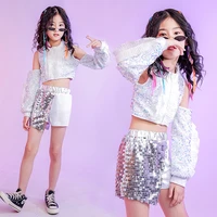 kids sequin hip hop clothing costume off shoulder crop top long sleeve shirt shorts for girls jazz dance outfits clothes wear