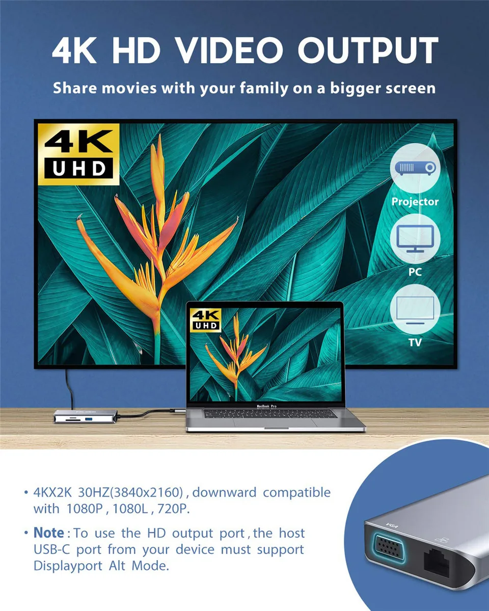 

KuWFi Type C USB HUB 10 in 1 Type C Adapter Dock USB 3.0 Port 4K HDMI 1080P VGA RJ45 Gigabit Ethernet For Macbook Pro
