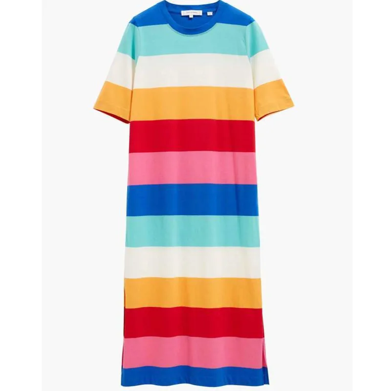 Rayé Robes Pour Femmes 2021 D'été Nouvelle Mode Arc-En-Ciel O-cou Décontracté Robe Mi-longue À Manches Courtes Lâche Homewear Vêtements femme